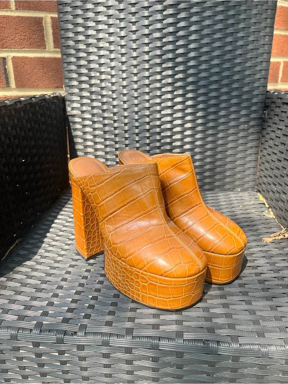 ASOS Croc-Embossed Platform Mule Heels in Cognac